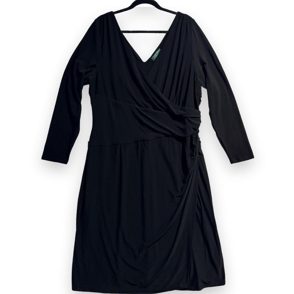 Lauren Ralph Lauren Black Wrap Detail V-Neck Long Sleeve Dress Womens 18W